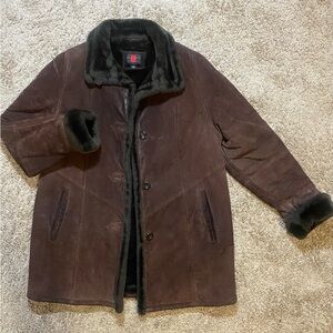 Gallery Dark Brown Fur-Trimmed Pea Coat 100% GENUINE LEATHER